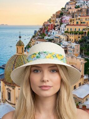 Antica Sartoria Positano Lemon Straw Sun Bucket  Hat NWT